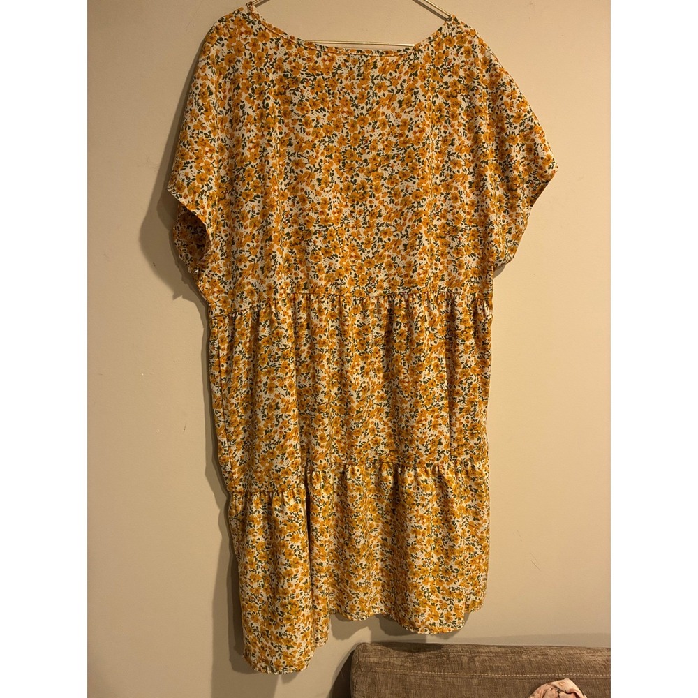 Emery Rose Yellow Floral Tiered Babydoll Dress 1XL Short Sleeve Boho Mini Shift - Picture 5 of 5